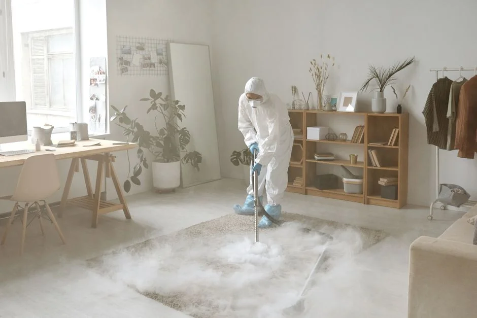 A person wearing protective gear cleans a kitchen appliance to maintain hygiene.